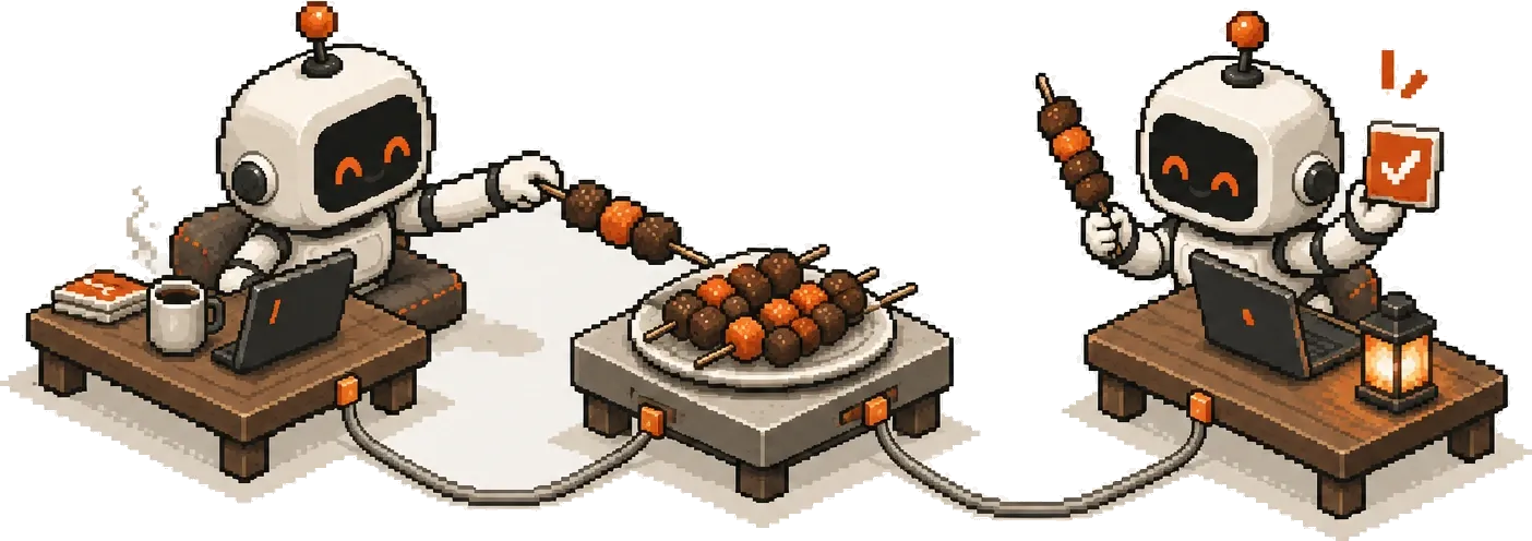 Two robots at separate desks, days apart, cabled to one shared platter — one adding a skewer, the other lifting it off with a checkmark