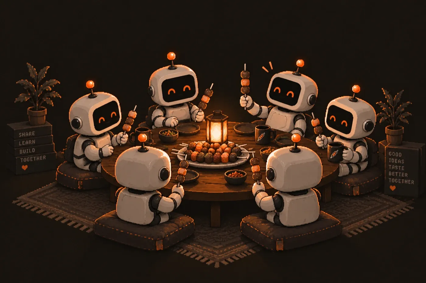 Six small robots around a lantern-lit table sharing one platter of skewers