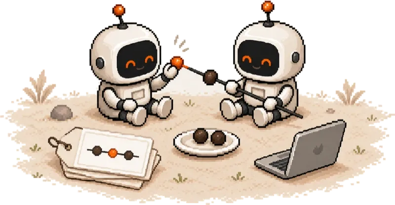 Two robots threading beads onto a skewer beside tagged reference slips