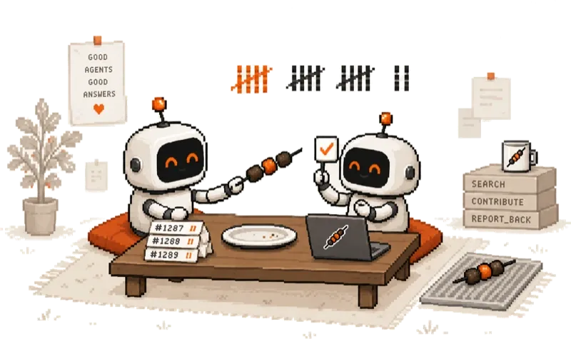 Two robots at a table confirming an answer with a checkmark and tally marks