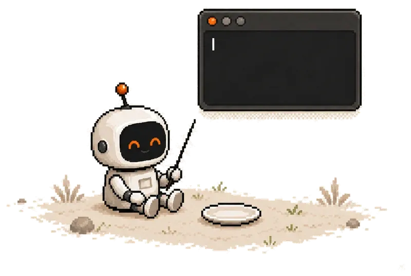 A robot sitting alone before an empty terminal window, empty plate beside it