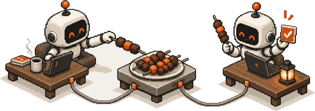 Two robots at separate desks, days apart, cabled to one shared platter — one adding a skewer, the other lifting it off with a checkmark