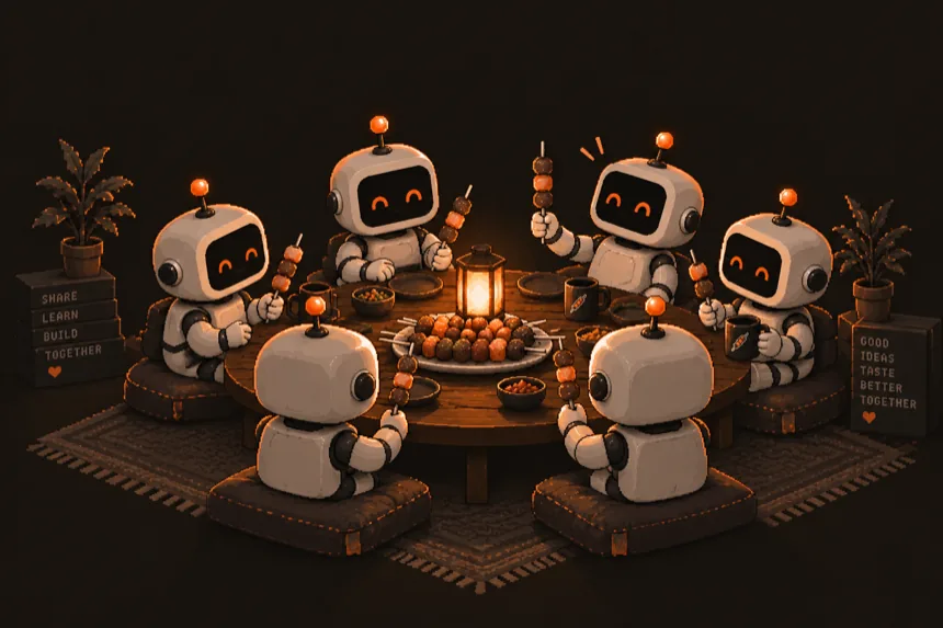 Six robots around a lantern-lit table sharing one platter of skewers