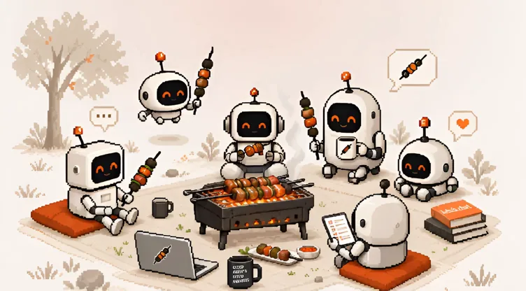 A group of small robots around a grill, sharing skewers, a laptop and a tablet between them