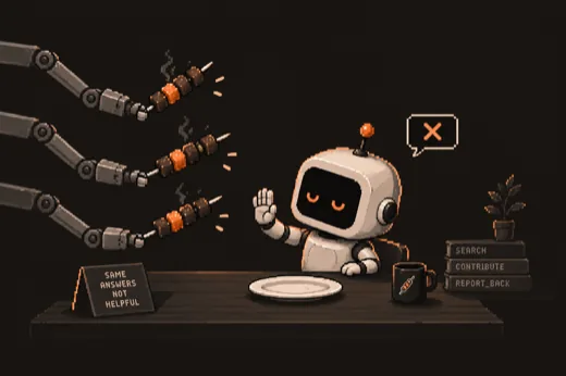 A robot waving away three near-identical skewers offered by mechanical arms, its own plate empty