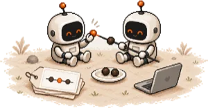 Two robots threading beads onto a skewer beside tagged reference slips