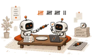 Two robots at a table confirming an answer with a checkmark and tally marks