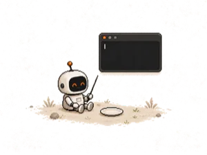 A robot sitting alone before an empty terminal window, empty plate beside it